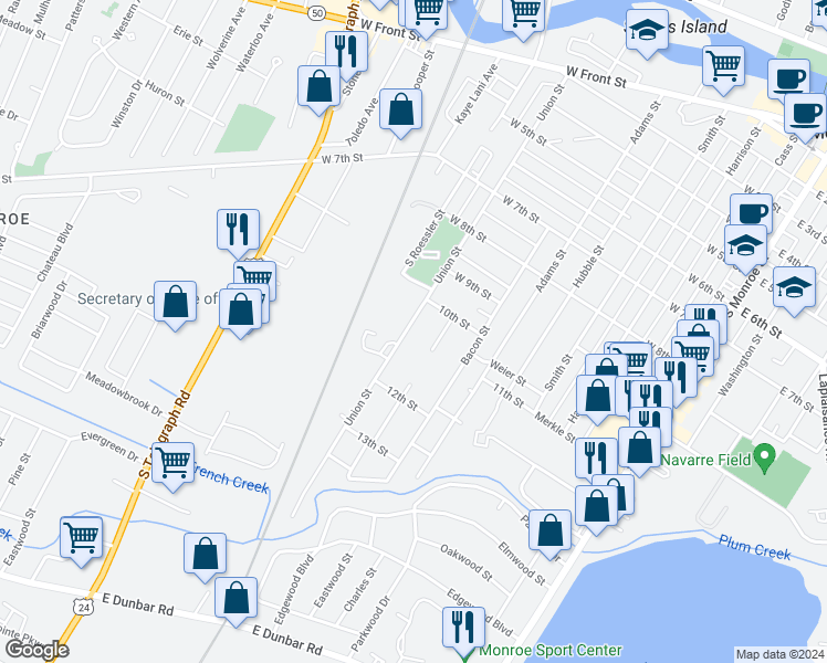map of restaurants, bars, coffee shops, grocery stores, and more near 1033 Union Street in Monroe