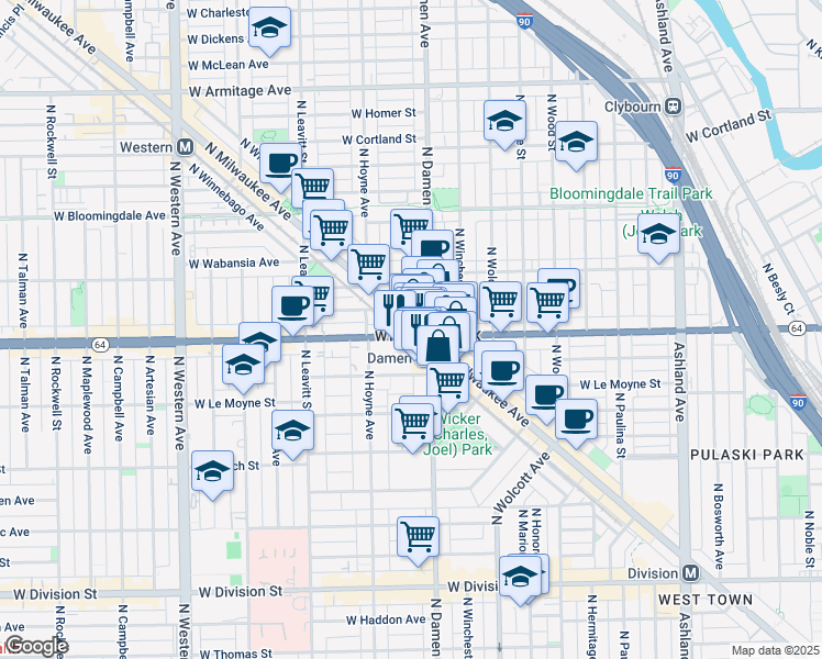 map of restaurants, bars, coffee shops, grocery stores, and more near 1604 North Milwaukee Avenue in Chicago