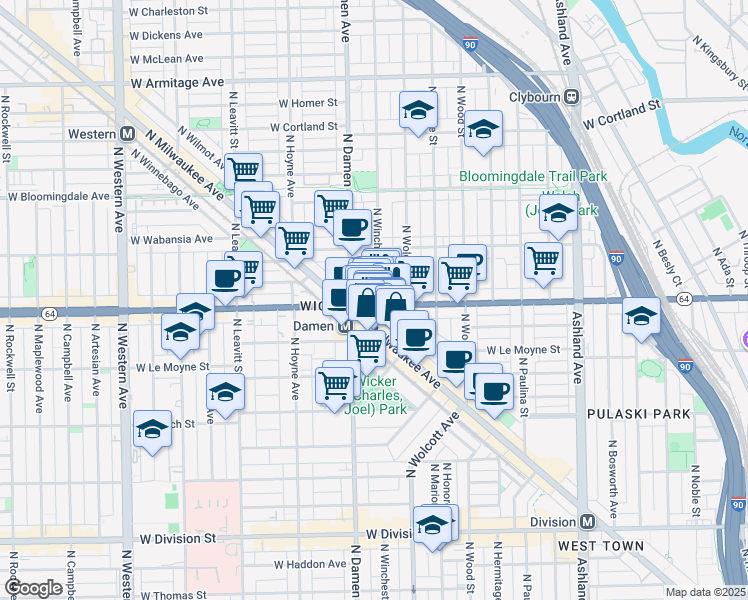 map of restaurants, bars, coffee shops, grocery stores, and more near 1563 North Milwaukee Avenue in Chicago
