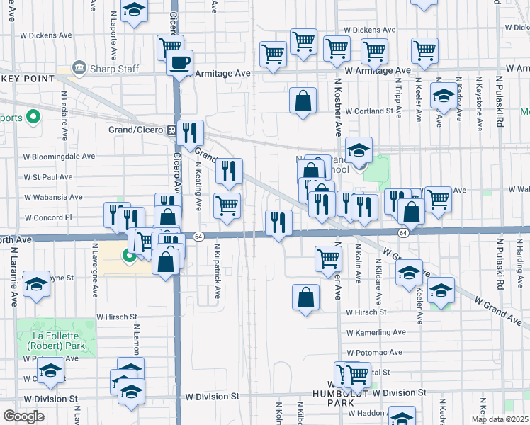 map of restaurants, bars, coffee shops, grocery stores, and more near 4560 West North Avenue in Chicago