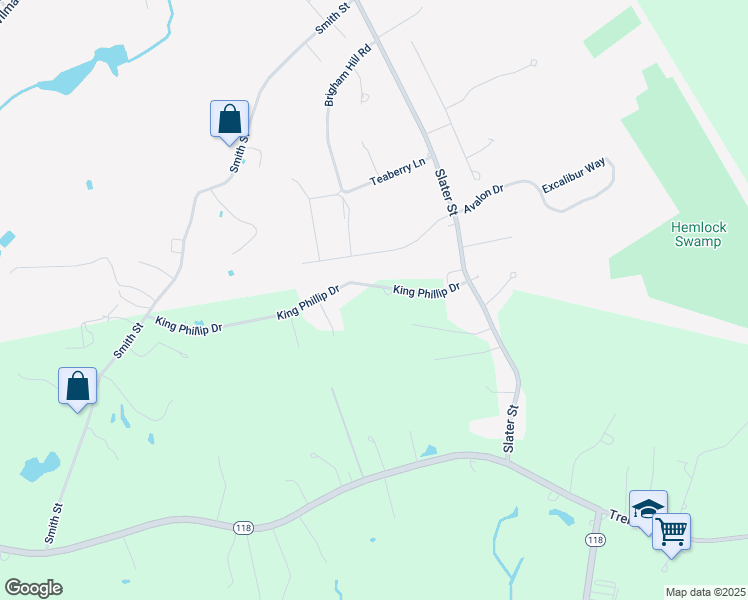 map of restaurants, bars, coffee shops, grocery stores, and more near 21 King Phillip Drive in Rehoboth