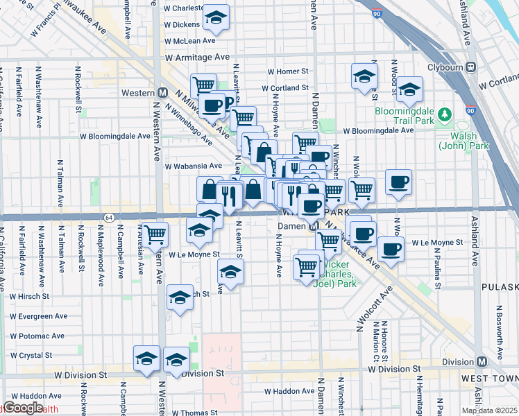 map of restaurants, bars, coffee shops, grocery stores, and more near 2131 West North Avenue in Chicago