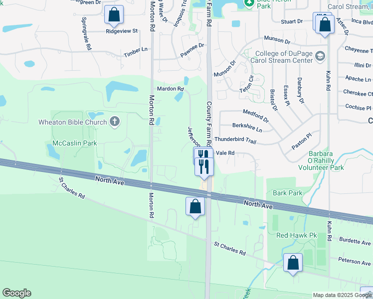 map of restaurants, bars, coffee shops, grocery stores, and more near 2N540 Jefferson Street in West Chicago