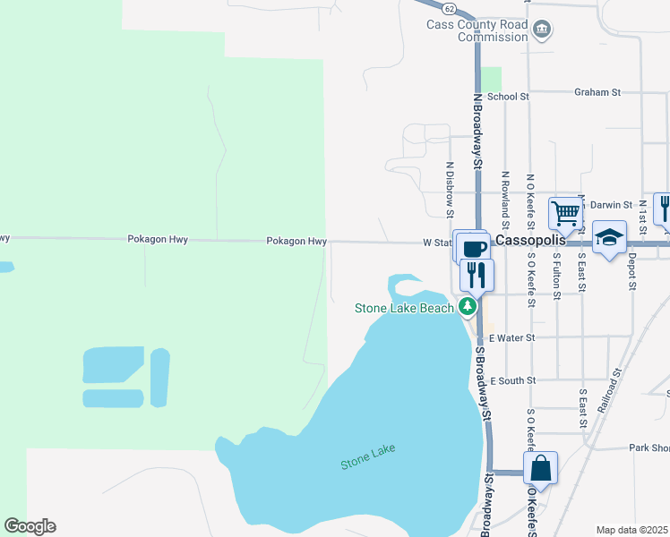 map of restaurants, bars, coffee shops, grocery stores, and more near 145 Bishop J H Mayo Drive in Cassopolis