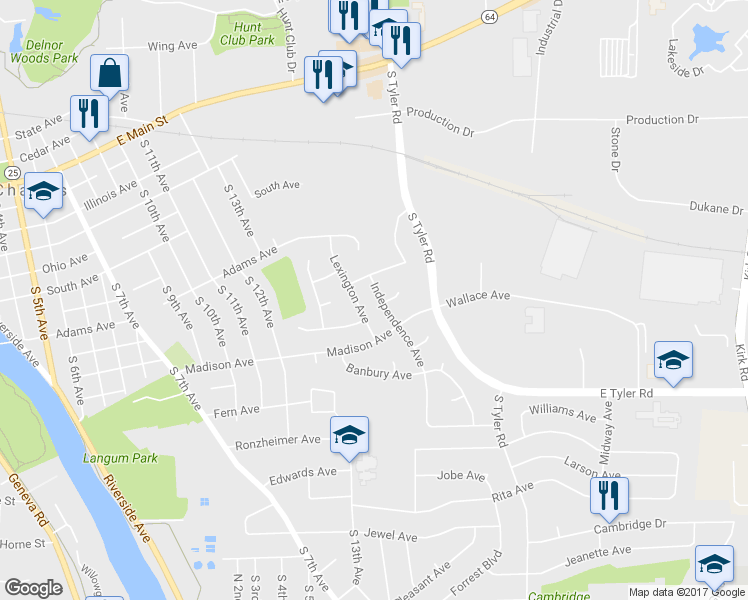 map of restaurants, bars, coffee shops, grocery stores, and more near 932 Independence Avenue in Saint Charles