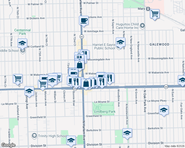 map of restaurants, bars, coffee shops, grocery stores, and more near 1698 North Neva Avenue in Chicago