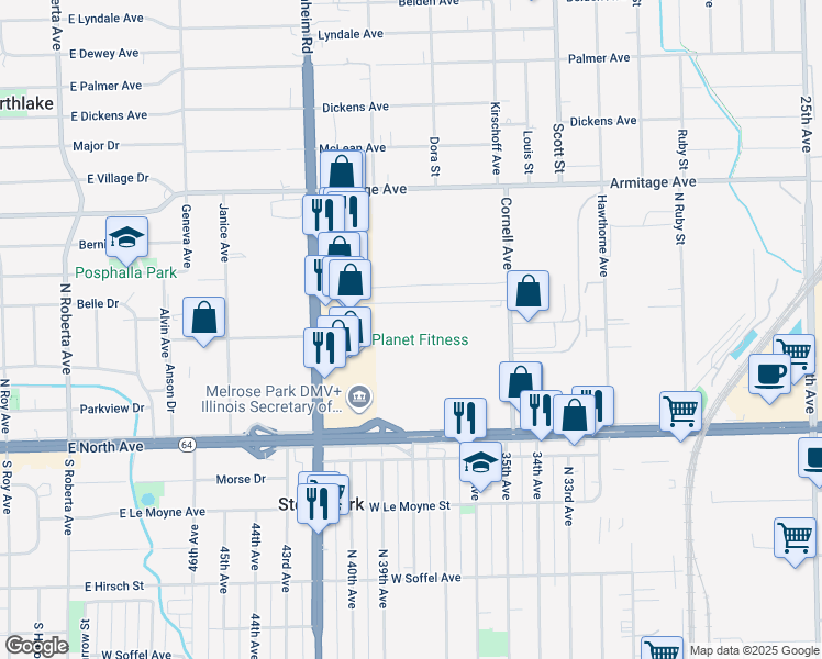 map of restaurants, bars, coffee shops, grocery stores, and more near 10400 West North Avenue in Melrose Park