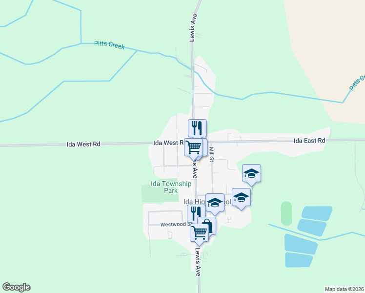 map of restaurants, bars, coffee shops, grocery stores, and more near 8369 Van Aiken Street in Ida