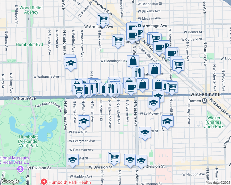 map of restaurants, bars, coffee shops, grocery stores, and more near 2503 West North Avenue in Chicago