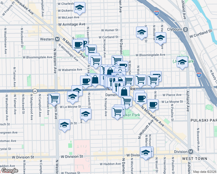 map of restaurants, bars, coffee shops, grocery stores, and more near 2050 West North Avenue in Chicago