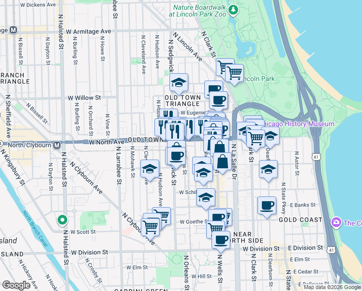 map of restaurants, bars, coffee shops, grocery stores, and more near 1522 North Orleans Street in Chicago