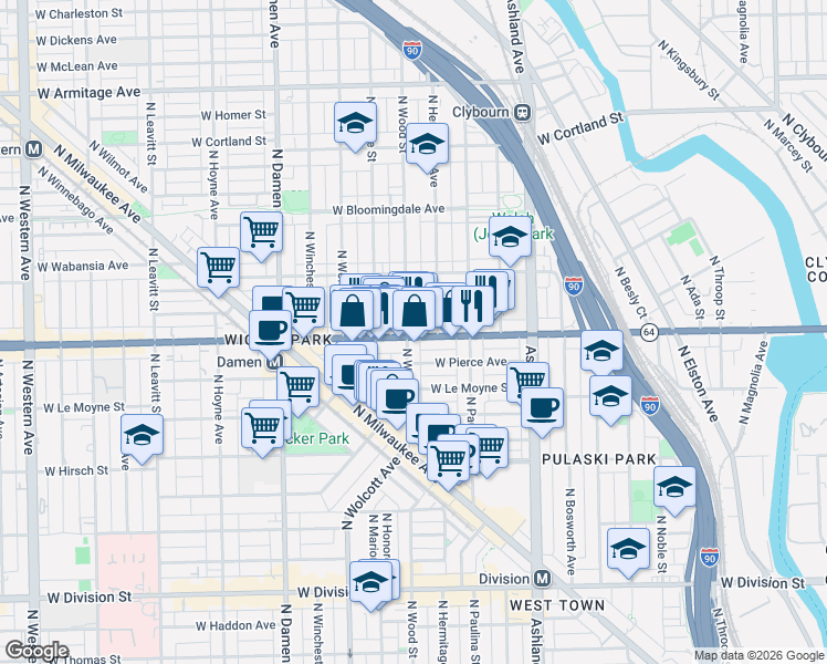 map of restaurants, bars, coffee shops, grocery stores, and more near 1746 West Pierce Avenue in Chicago