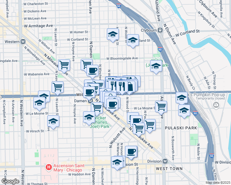 map of restaurants, bars, coffee shops, grocery stores, and more near in Chicago