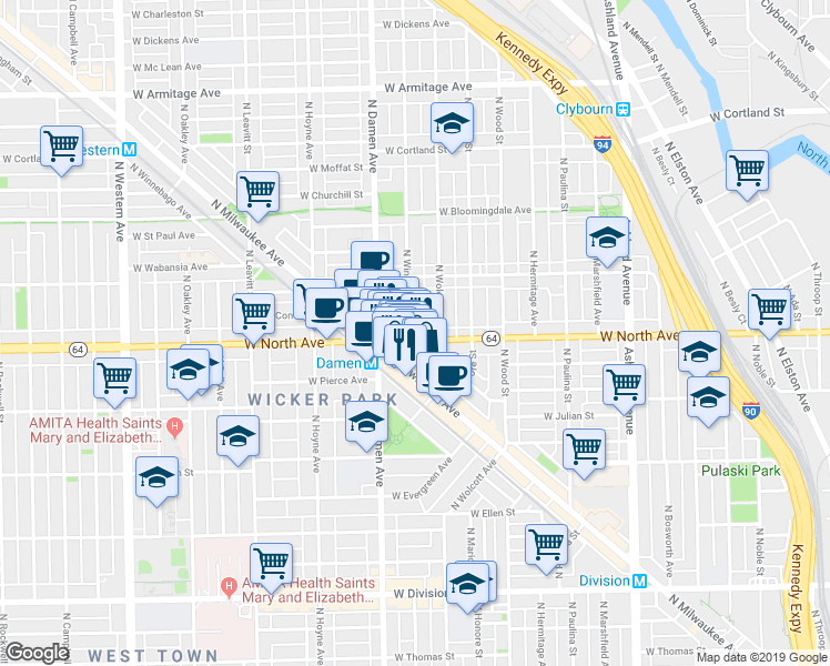 map of restaurants, bars, coffee shops, grocery stores, and more near 1563 North Milwaukee Avenue in Chicago