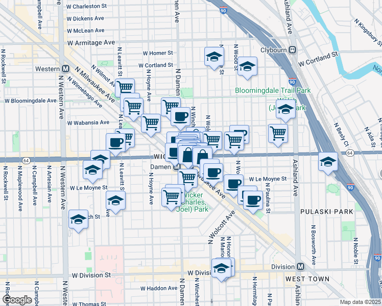 map of restaurants, bars, coffee shops, grocery stores, and more near 1563 North Milwaukee Avenue in Chicago