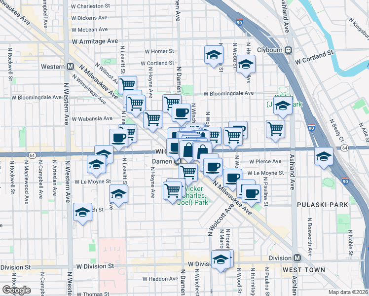 map of restaurants, bars, coffee shops, grocery stores, and more near 1563 North Milwaukee Avenue in Chicago