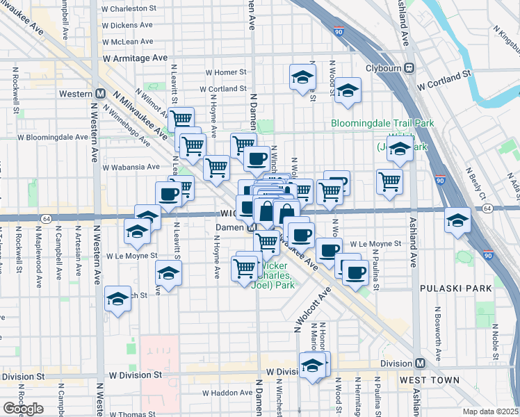map of restaurants, bars, coffee shops, grocery stores, and more near 1563 North Milwaukee Avenue in Chicago