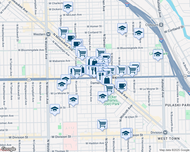 map of restaurants, bars, coffee shops, grocery stores, and more near 1563 North Hoyne Avenue in Chicago