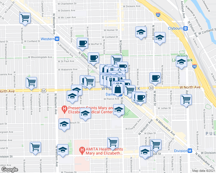 map of restaurants, bars, coffee shops, grocery stores, and more near 1563 North Hoyne Avenue in Chicago