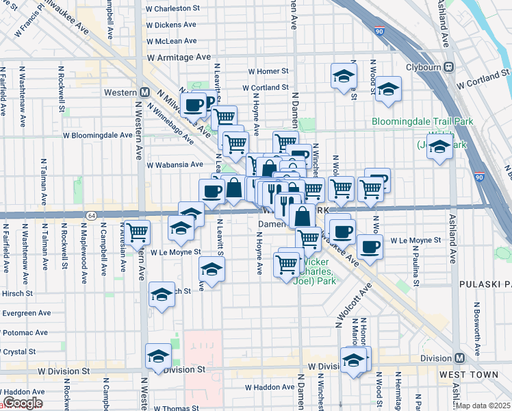 map of restaurants, bars, coffee shops, grocery stores, and more near 1563 North Hoyne Avenue in Chicago