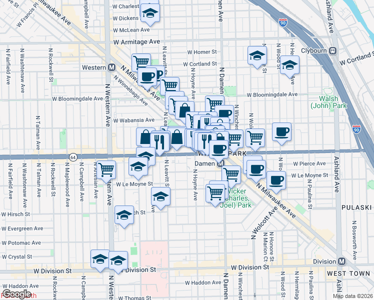 map of restaurants, bars, coffee shops, grocery stores, and more near 2131 West North Avenue in Chicago