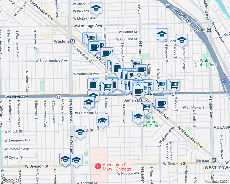 map of restaurants, bars, coffee shops, grocery stores, and more near 2131 West North Avenue in Chicago