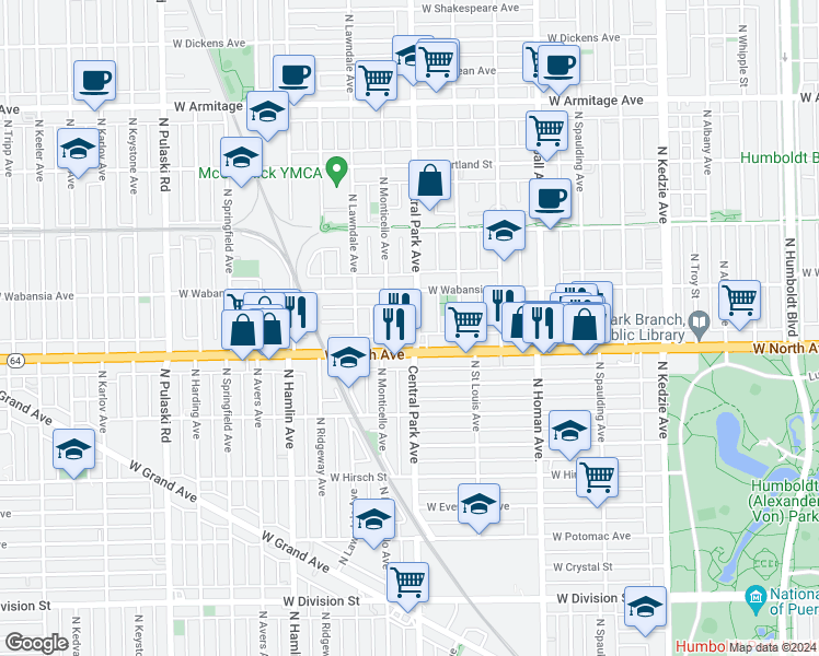 map of restaurants, bars, coffee shops, grocery stores, and more near in Chicago