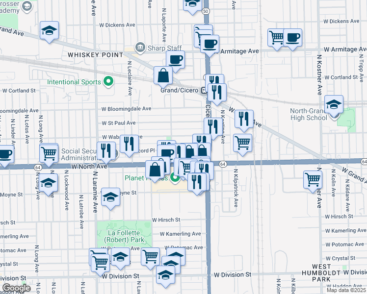 map of restaurants, bars, coffee shops, grocery stores, and more near in Chicago
