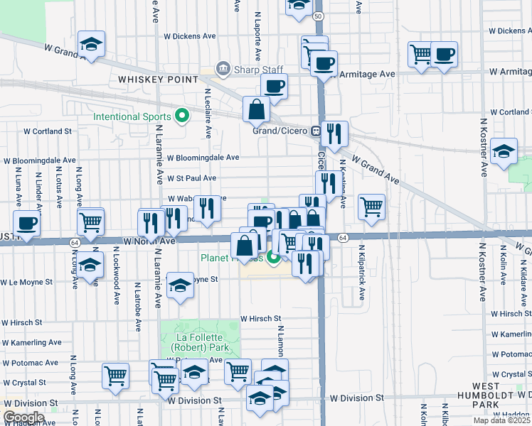 map of restaurants, bars, coffee shops, grocery stores, and more near 4916 West North Avenue in Chicago