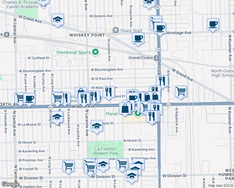 map of restaurants, bars, coffee shops, grocery stores, and more near 5011 West Concord Place in Chicago