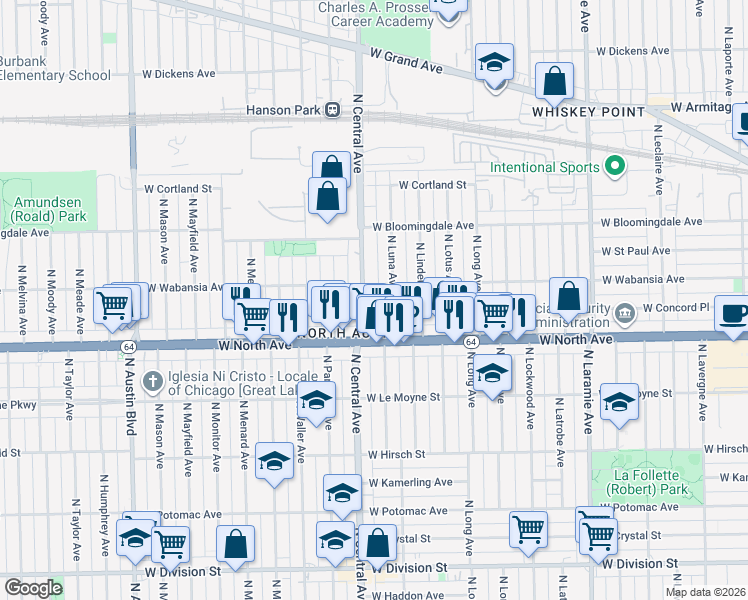 map of restaurants, bars, coffee shops, grocery stores, and more near in Chicago
