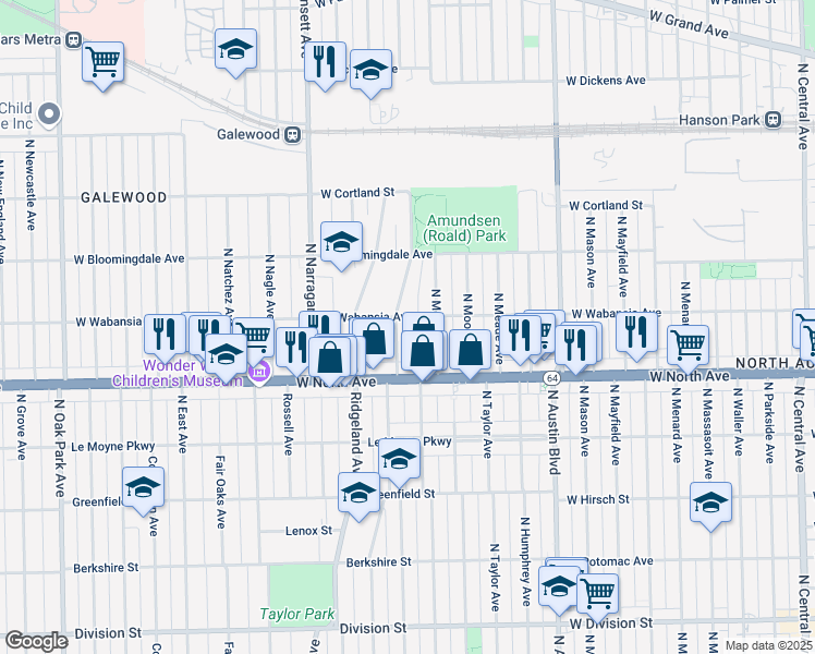 map of restaurants, bars, coffee shops, grocery stores, and more near 1625 North Merrimac Avenue in Chicago