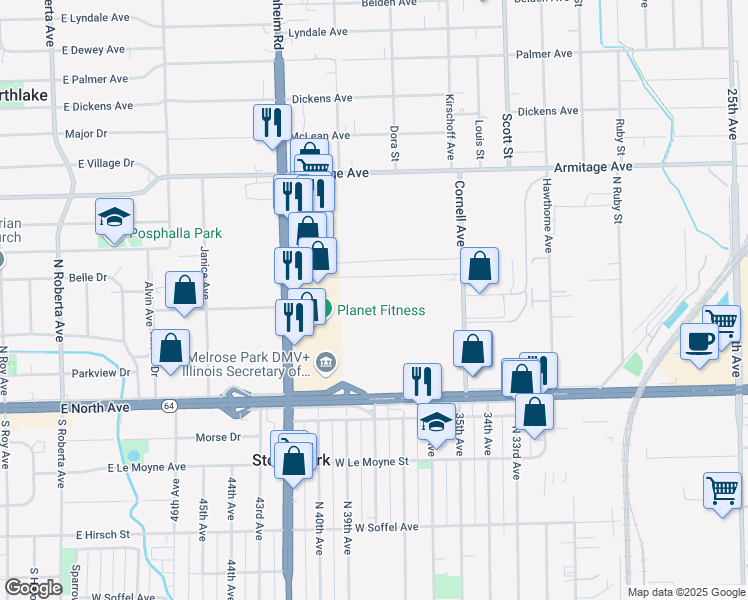 map of restaurants, bars, coffee shops, grocery stores, and more near 1961 North Mannheim Road in Melrose Park
