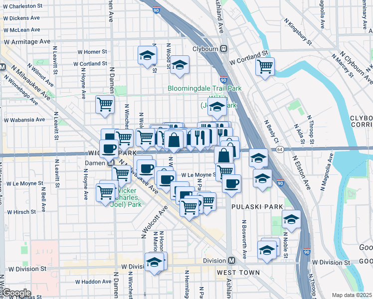 map of restaurants, bars, coffee shops, grocery stores, and more near 1528 North Paulina Street in Chicago
