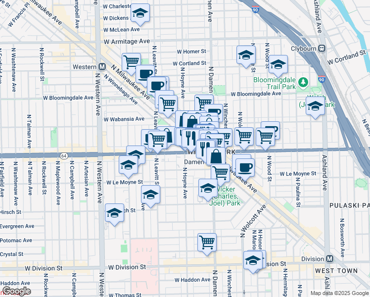 map of restaurants, bars, coffee shops, grocery stores, and more near 1563 North Hoyne Avenue in Chicago