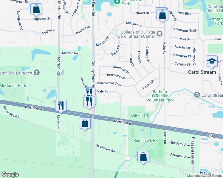 map of restaurants, bars, coffee shops, grocery stores, and more near 27W045 Vale Road in West Chicago