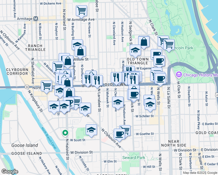 map of restaurants, bars, coffee shops, grocery stores, and more near 1555 North Mohawk Street in Chicago