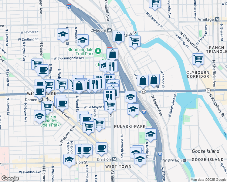 map of restaurants, bars, coffee shops, grocery stores, and more near 1629 North Ashland Avenue in Chicago