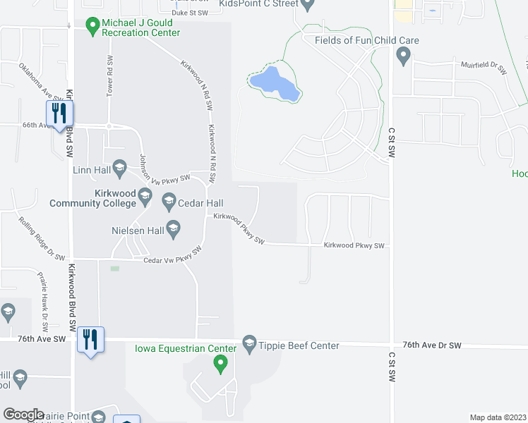 map of restaurants, bars, coffee shops, grocery stores, and more near 734 Kirkwood Pkwy SW in Cedar Rapids