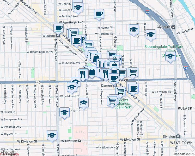 map of restaurants, bars, coffee shops, grocery stores, and more near 2124 West Concord Place in Chicago
