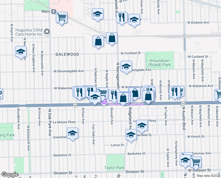 map of restaurants, bars, coffee shops, grocery stores, and more near 6431 West Wabansia Avenue in Chicago