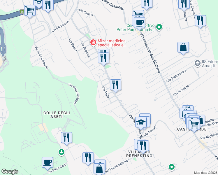map of restaurants, bars, coffee shops, grocery stores, and more near 551/B Via Fosso dell'Osa in Roma
