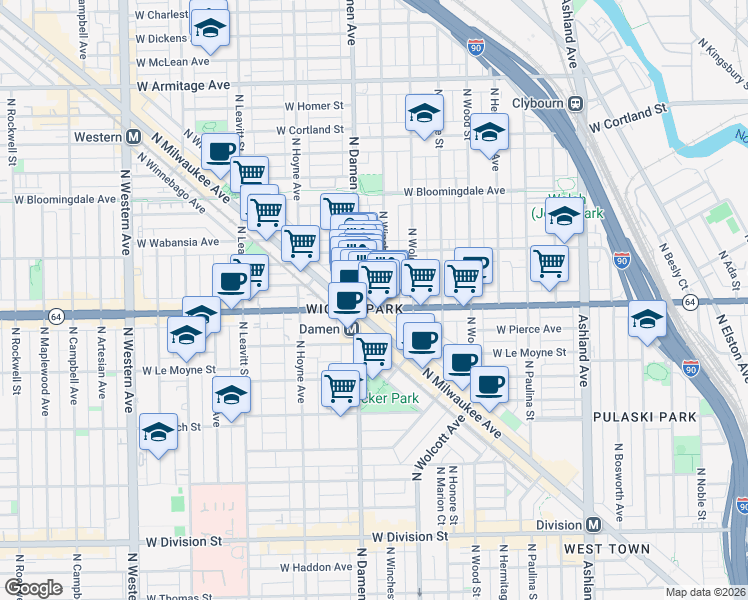 map of restaurants, bars, coffee shops, grocery stores, and more near 1632 North Winchester Avenue in Chicago