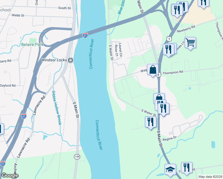 map of restaurants, bars, coffee shops, grocery stores, and more near 240 South Water Street in East Windsor