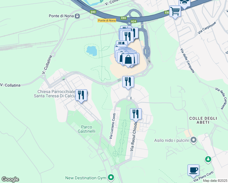 map of restaurants, bars, coffee shops, grocery stores, and more near 56 Via Giorgio Grappelli in Città Metropolitana di Roma