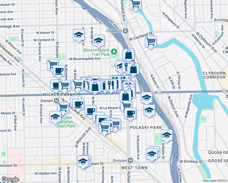 map of restaurants, bars, coffee shops, grocery stores, and more near 1628 North Marshfield Avenue in Chicago