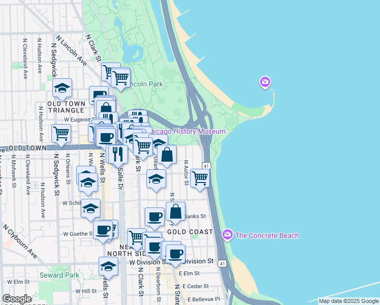map of restaurants, bars, coffee shops, grocery stores, and more near 43 East North Boulevard in Chicago
