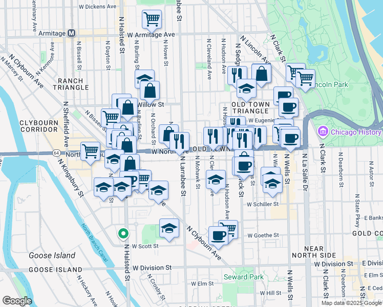 map of restaurants, bars, coffee shops, grocery stores, and more near 1615 North Mohawk Street in Chicago