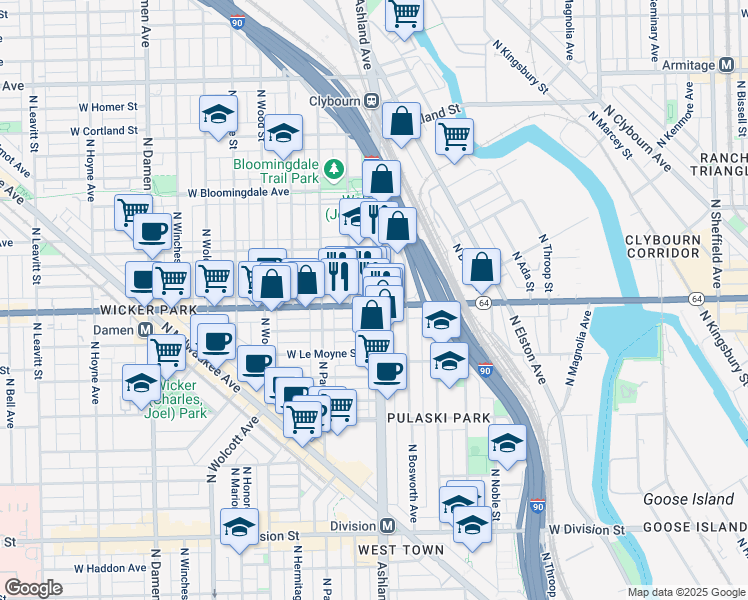 map of restaurants, bars, coffee shops, grocery stores, and more near 1629 North Ashland Avenue in Chicago