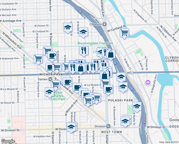 map of restaurants, bars, coffee shops, grocery stores, and more near 1628 North Paulina Street in Chicago